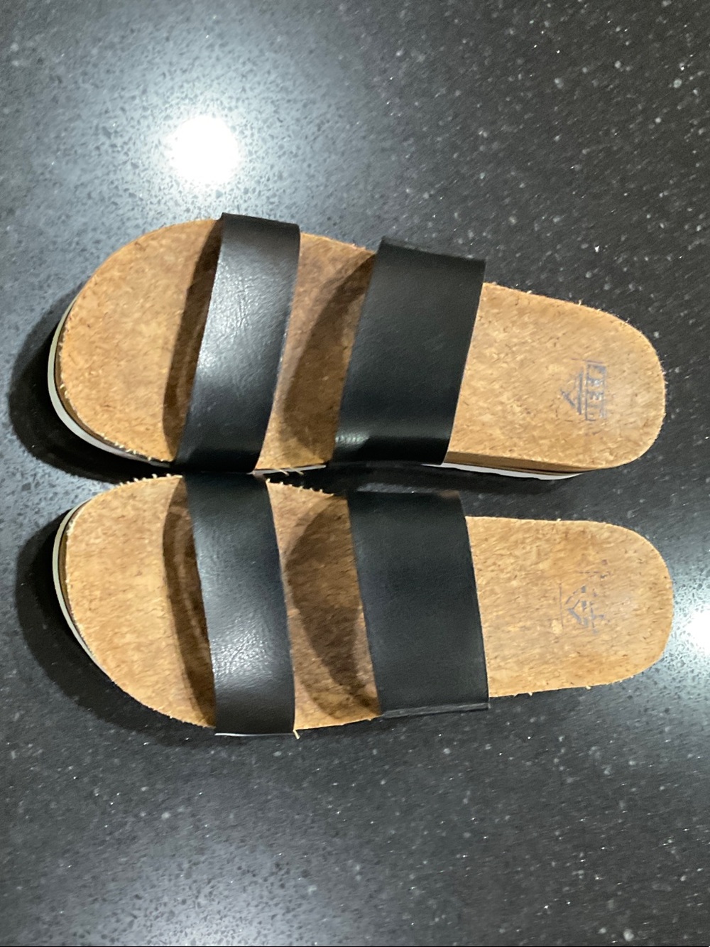 REEF Black Double Strap Cork Footbed Sandals